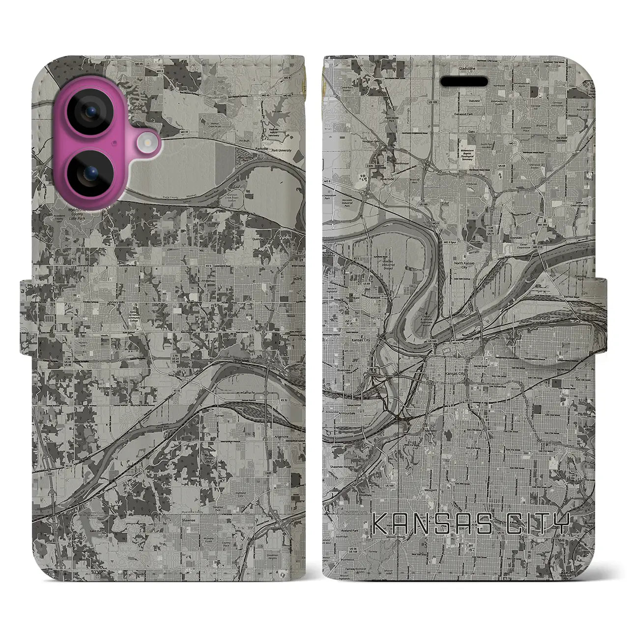 【カンザスシティ(アメリカ)】地図柄iPhoneケース(手帳タイプ)モノトーン・iPhone 16 Pro 用