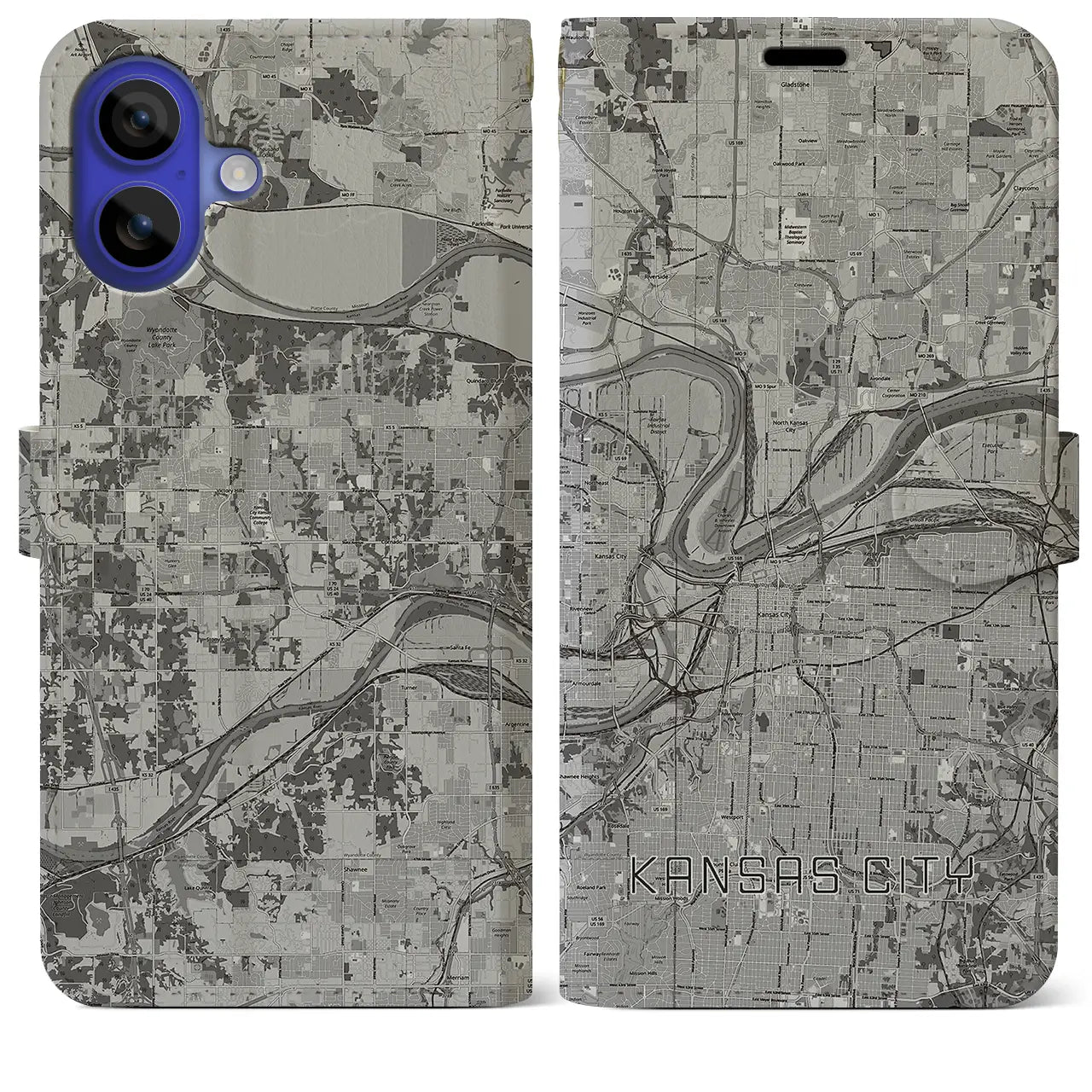 【カンザスシティ(アメリカ)】地図柄iPhoneケース(手帳タイプ)モノトーン・iPhone 16 Pro Max 用