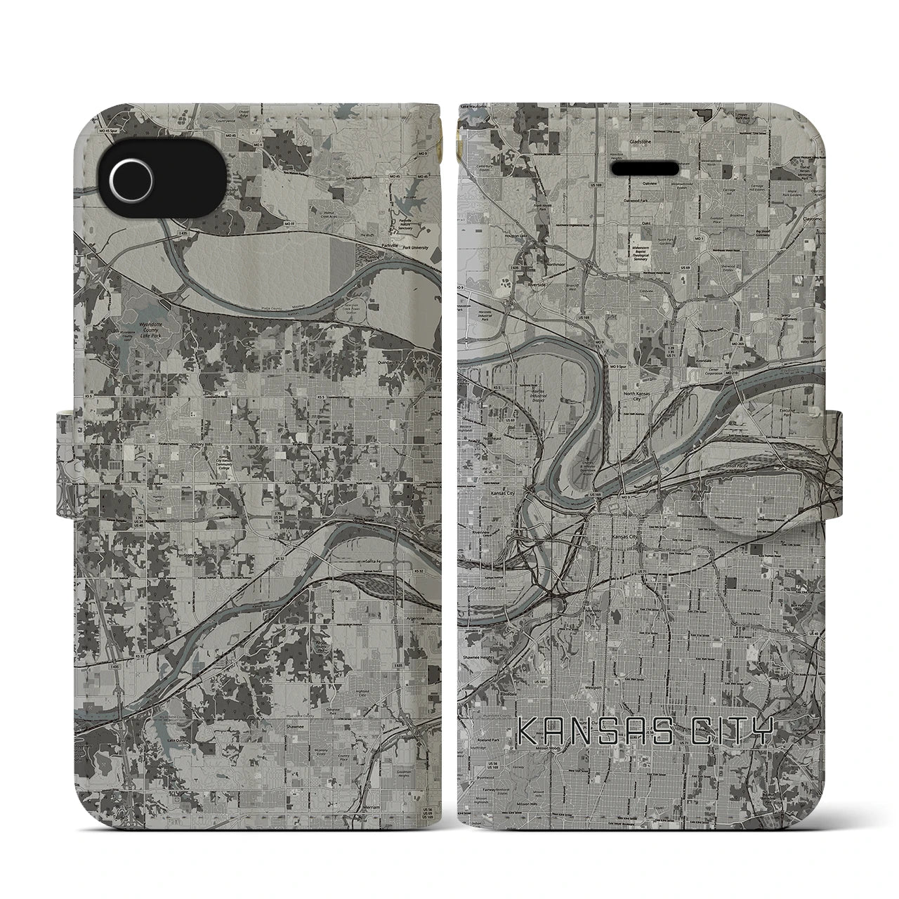 【カンザスシティ(アメリカ)】地図柄iPhoneケース(手帳タイプ)モノトーン・iPhone SE(第3 / 第2世代) / 8 / 7 / 6s / 6 用