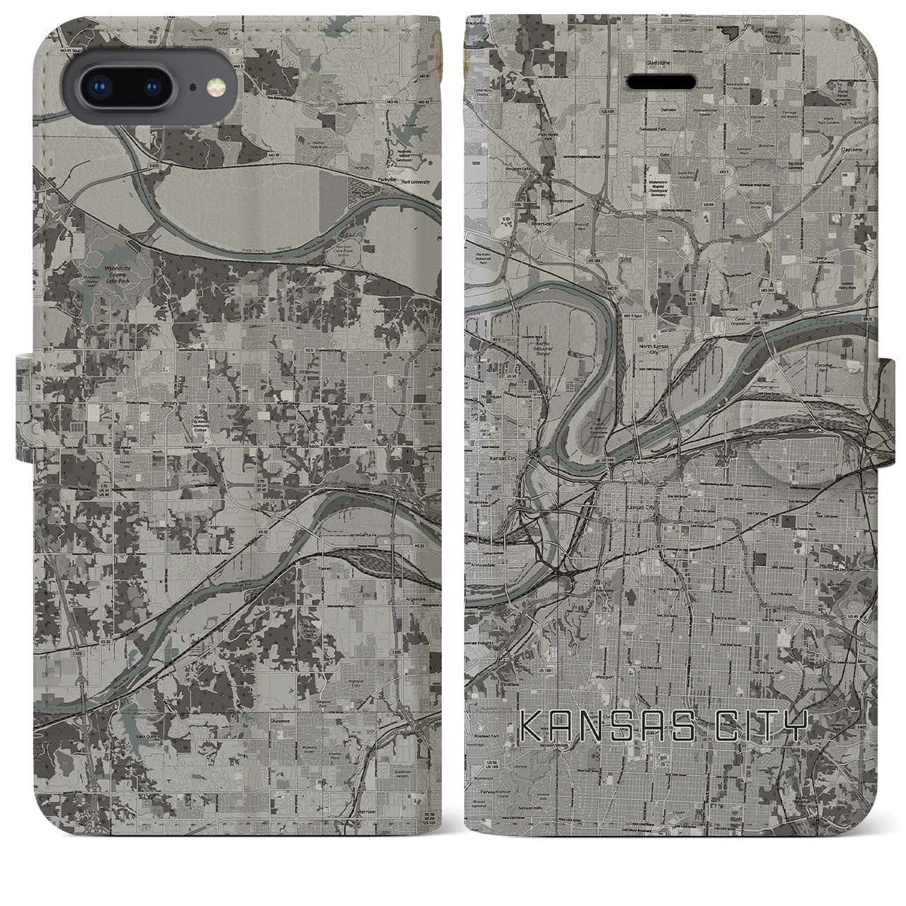 【カンザスシティ(アメリカ)】地図柄iPhoneケース(手帳タイプ)モノトーン・iPhone 8Plus /7Plus / 6sPlus / 6Plus 用