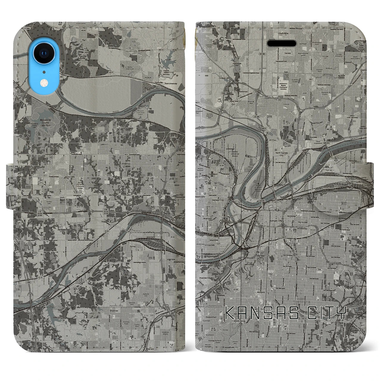 【カンザスシティ(アメリカ)】地図柄iPhoneケース(手帳タイプ)モノトーン・iPhone XR 用