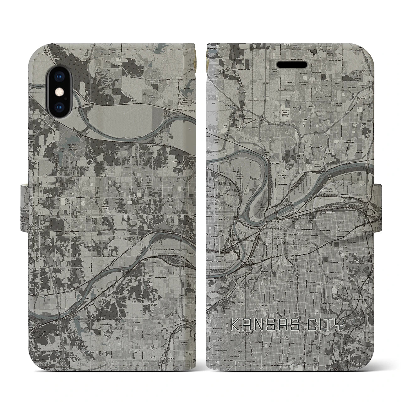 【カンザスシティ(アメリカ)】地図柄iPhoneケース(手帳タイプ)モノトーン・iPhone XS / X 用