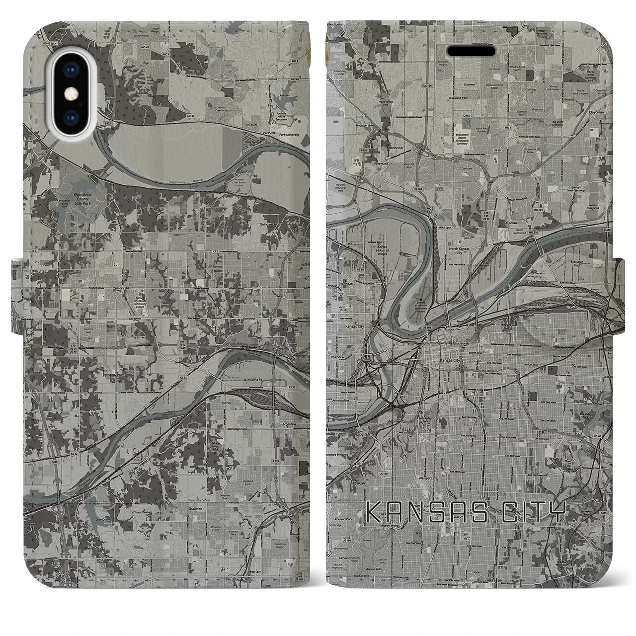 【カンザスシティ(アメリカ)】地図柄iPhoneケース(手帳タイプ)モノトーン・iPhone XS Max 用