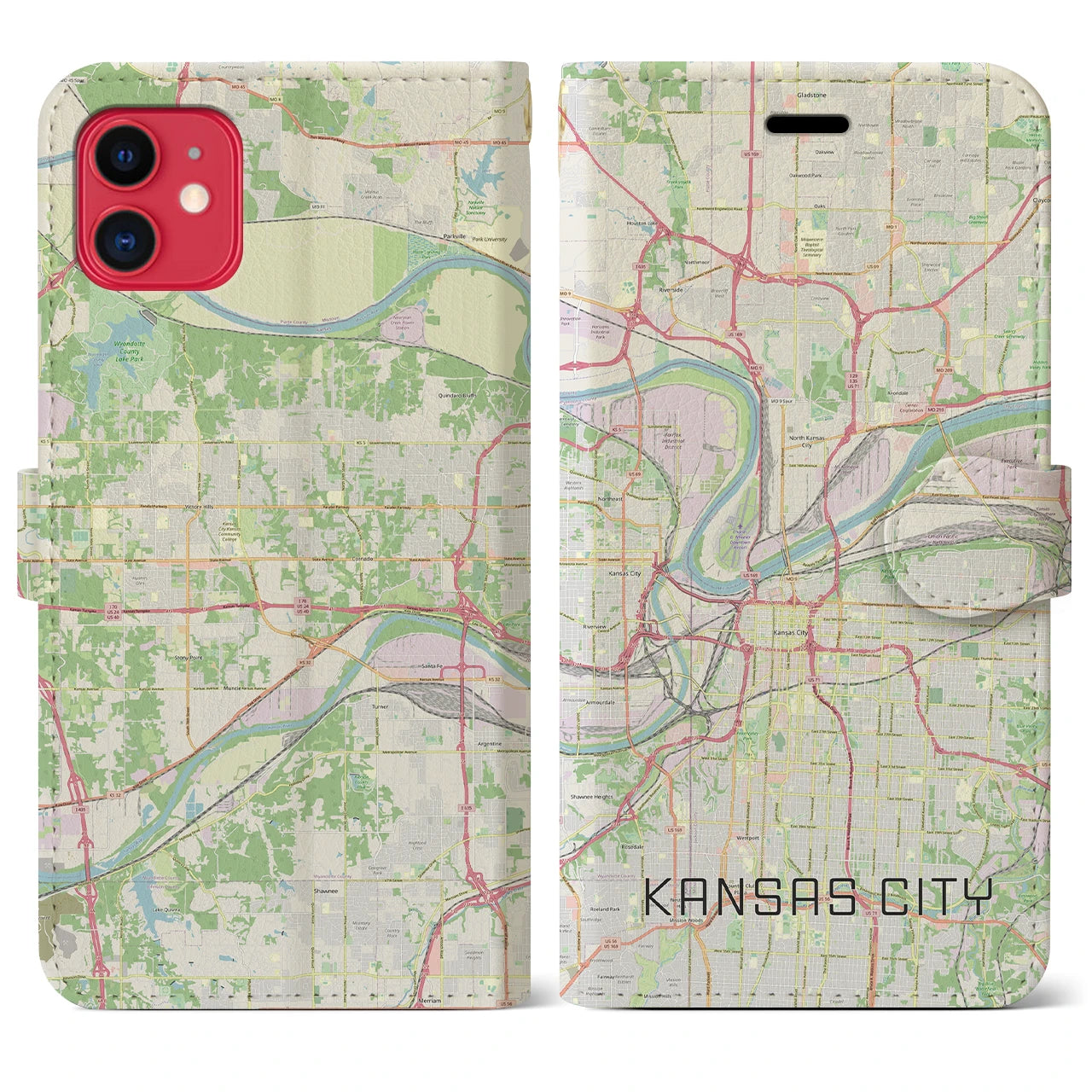 【カンザスシティ(アメリカ)】地図柄iPhoneケース(手帳タイプ)ナチュラル・iPhone 11 用