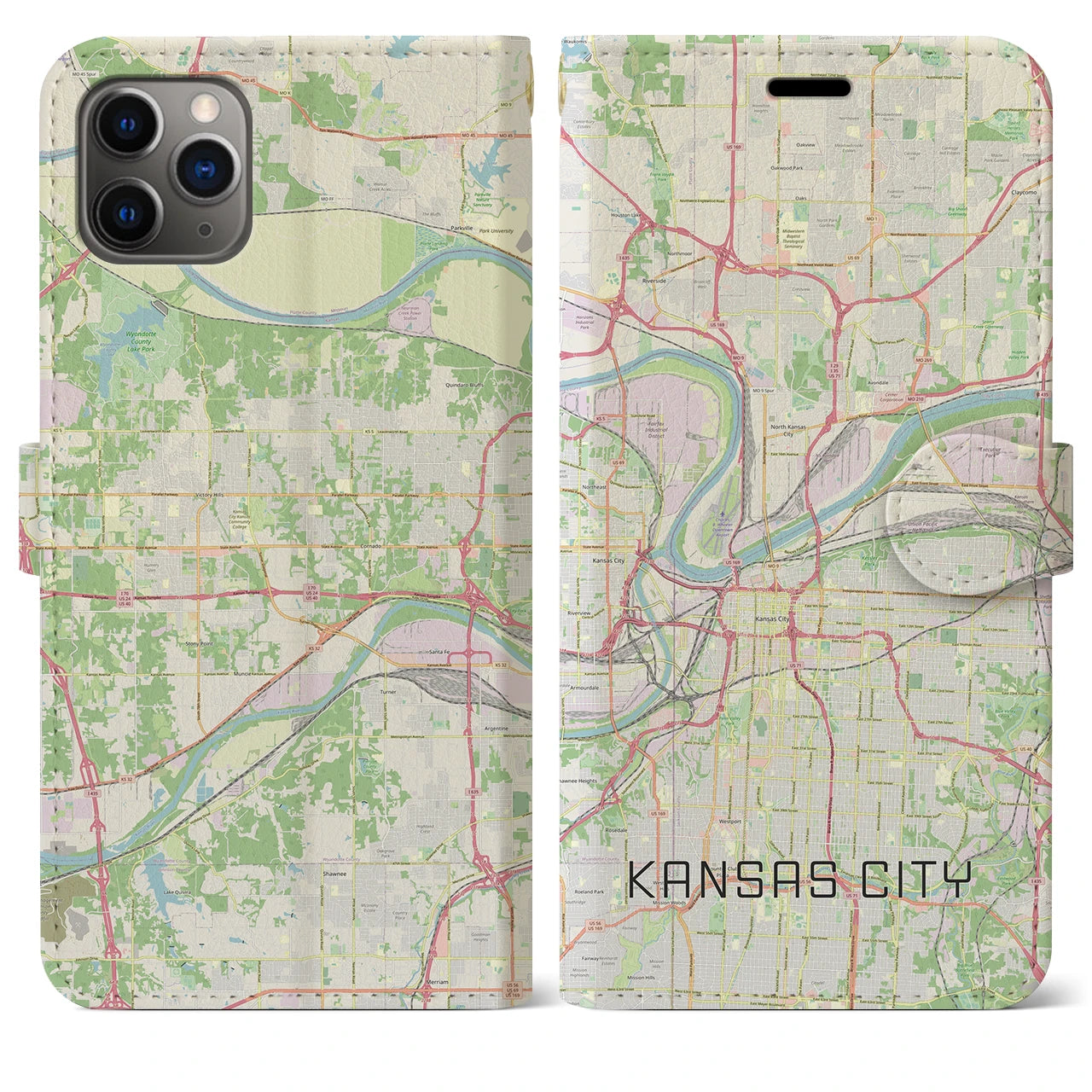 【カンザスシティ(アメリカ)】地図柄iPhoneケース(手帳タイプ)ナチュラル・iPhone 11 Pro Max 用
