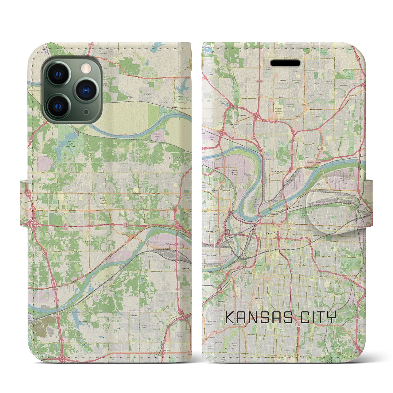 【カンザスシティ(アメリカ)】地図柄iPhoneケース(手帳タイプ)ナチュラル・iPhone 11 Pro 用
