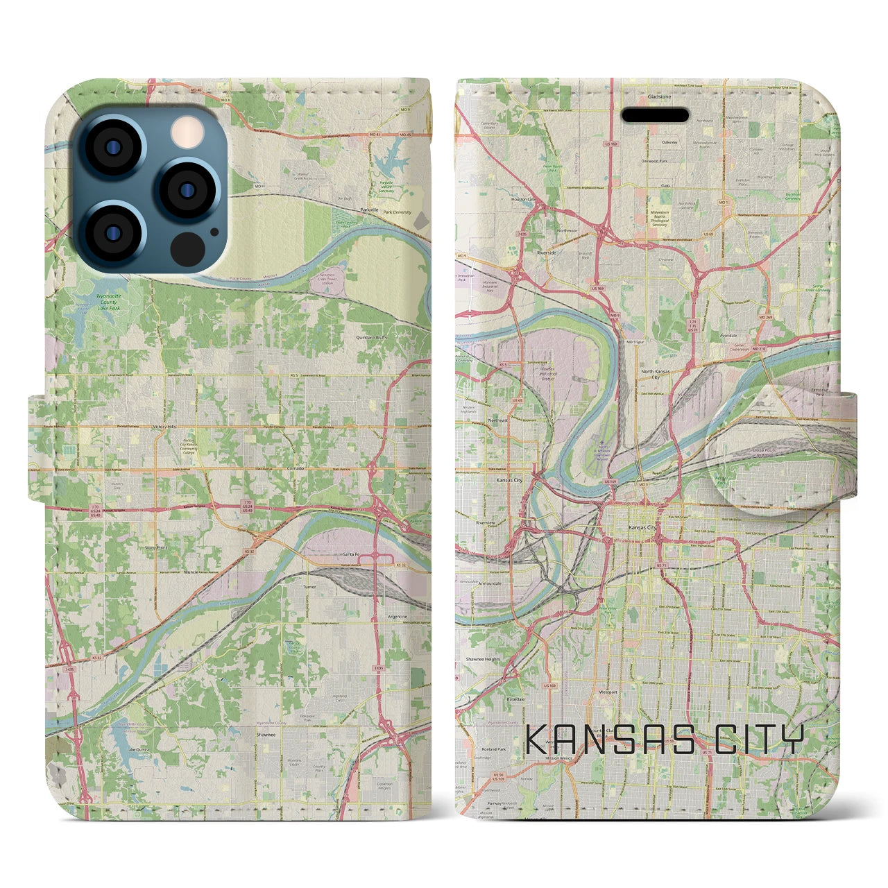 【カンザスシティ(アメリカ)】地図柄iPhoneケース(手帳タイプ)ナチュラル・iPhone 12 / 12 Pro 用