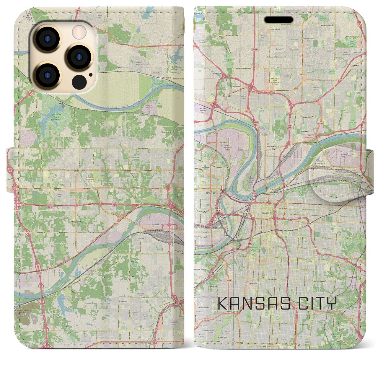 【カンザスシティ(アメリカ)】地図柄iPhoneケース(手帳タイプ)ナチュラル・iPhone 12 Pro Max 用