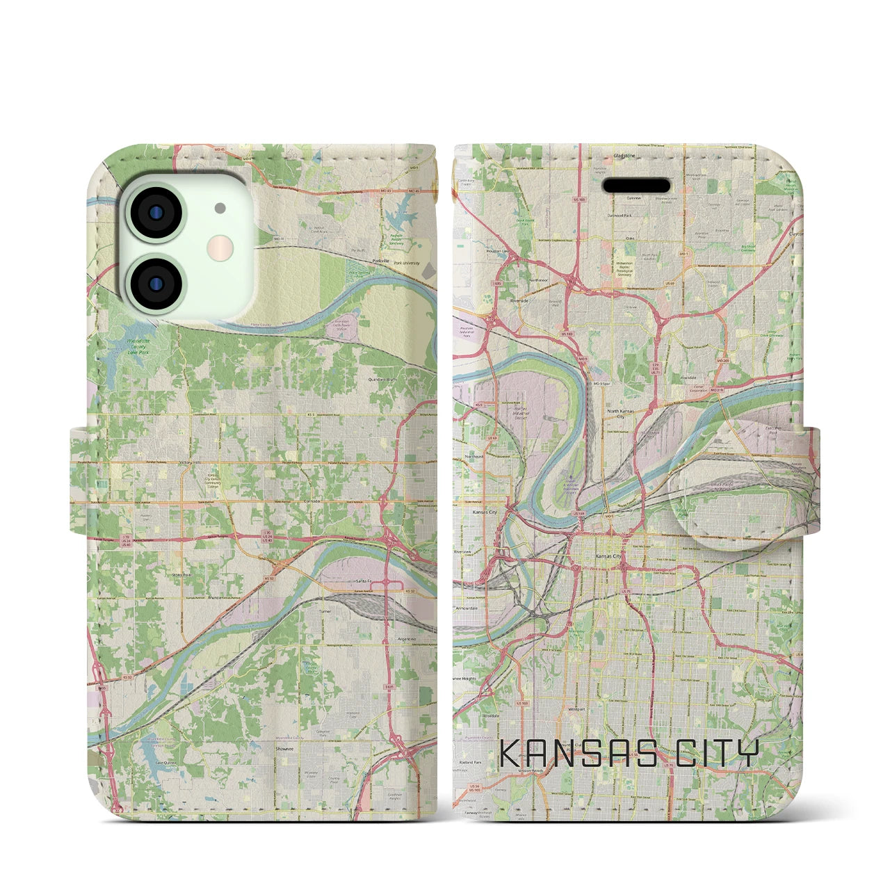 【カンザスシティ(アメリカ)】地図柄iPhoneケース(手帳タイプ)ナチュラル・iPhone 12 mini 用