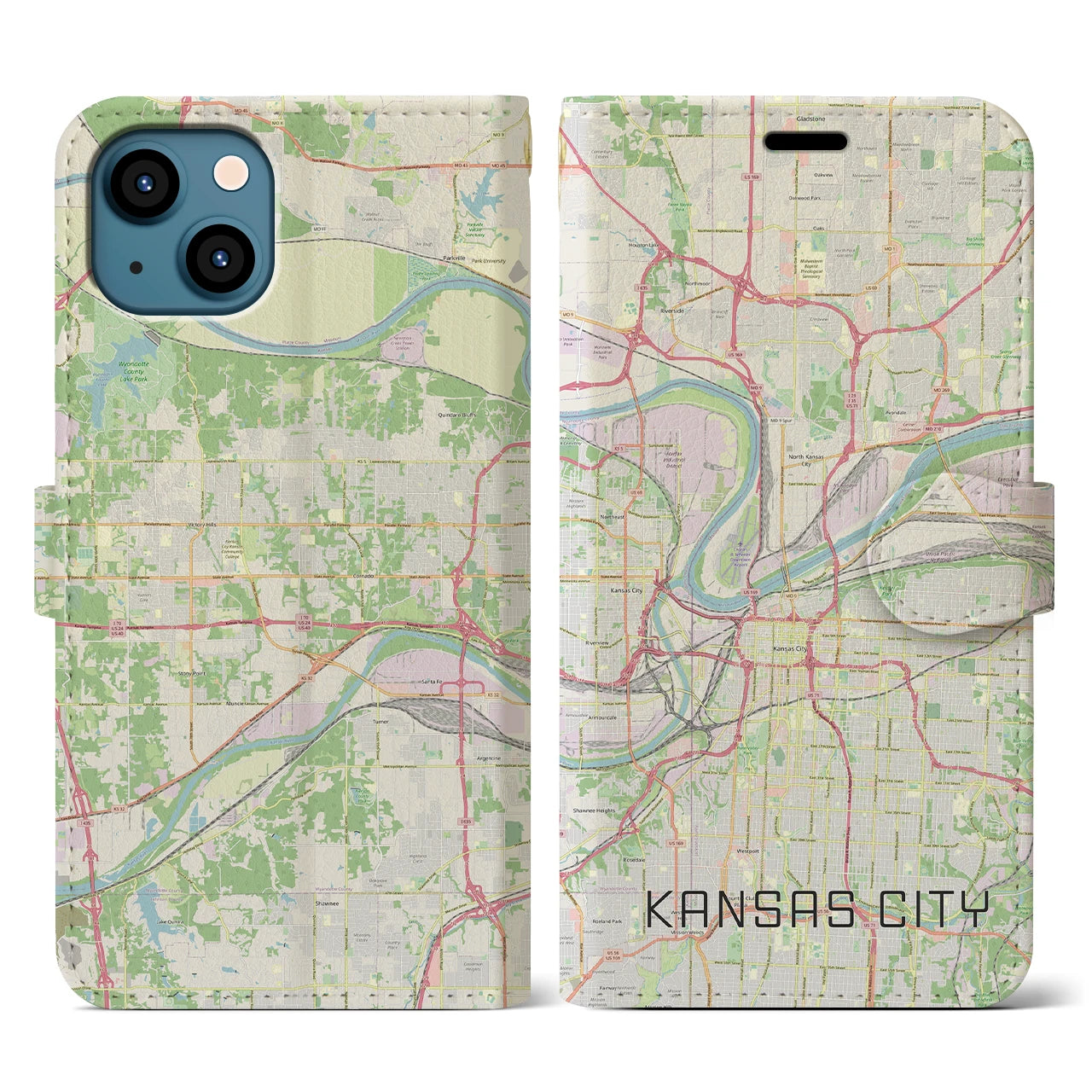 【カンザスシティ(アメリカ)】地図柄iPhoneケース(手帳タイプ)ナチュラル・iPhone 13 用
