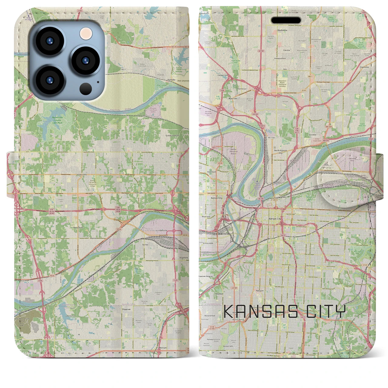【カンザスシティ(アメリカ)】地図柄iPhoneケース(手帳タイプ)ナチュラル・iPhone 13 Pro Max 用