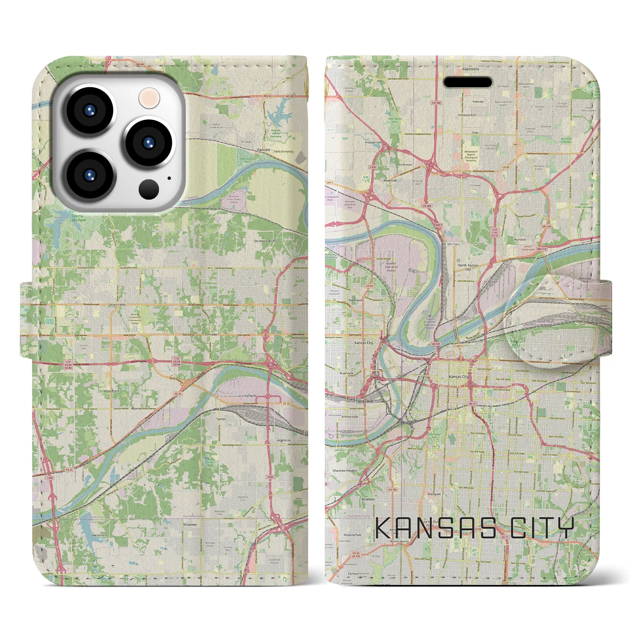 【カンザスシティ(アメリカ)】地図柄iPhoneケース(手帳タイプ)ナチュラル・iPhone 13 Pro 用