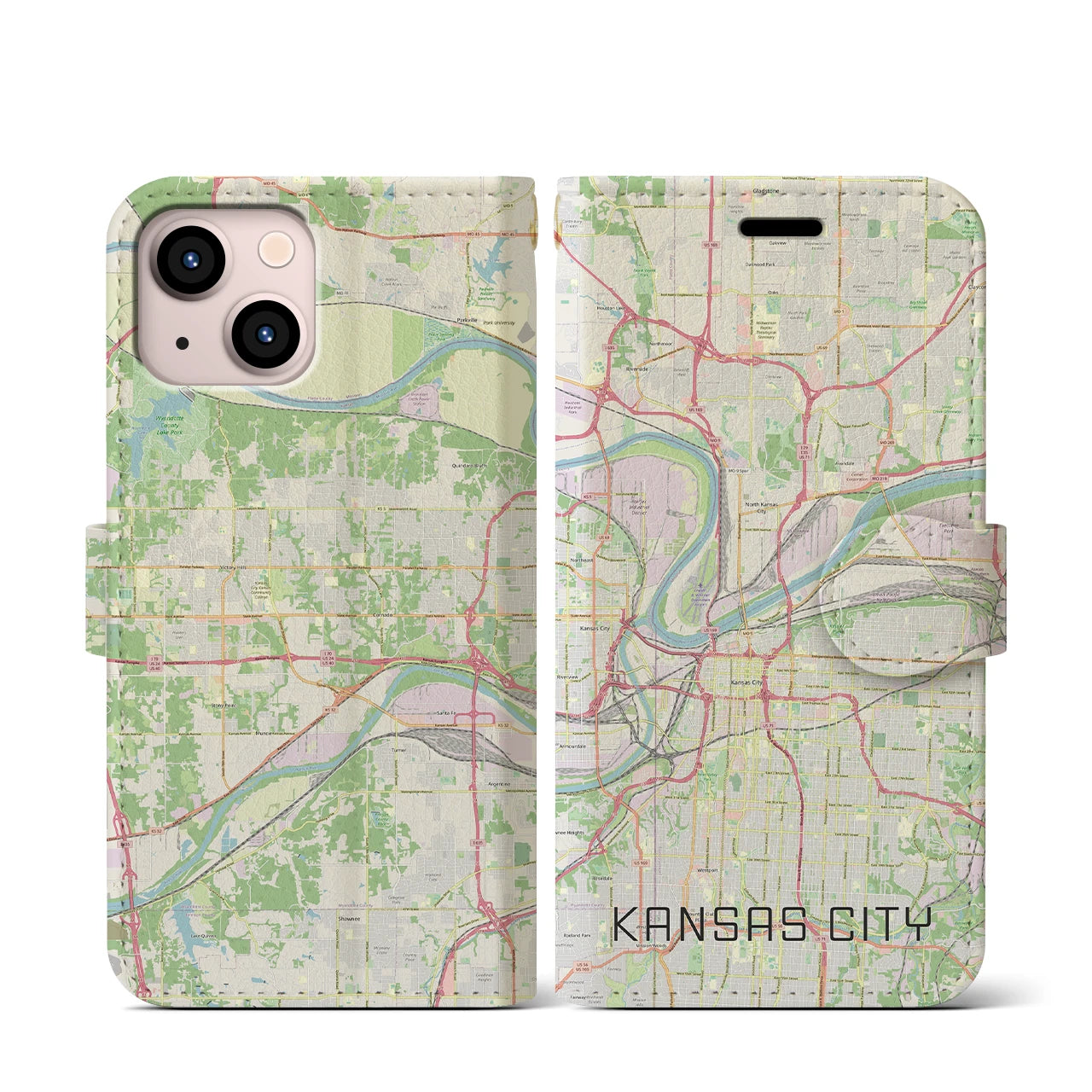 【カンザスシティ(アメリカ)】地図柄iPhoneケース(手帳タイプ)ナチュラル・iPhone 13 mini 用