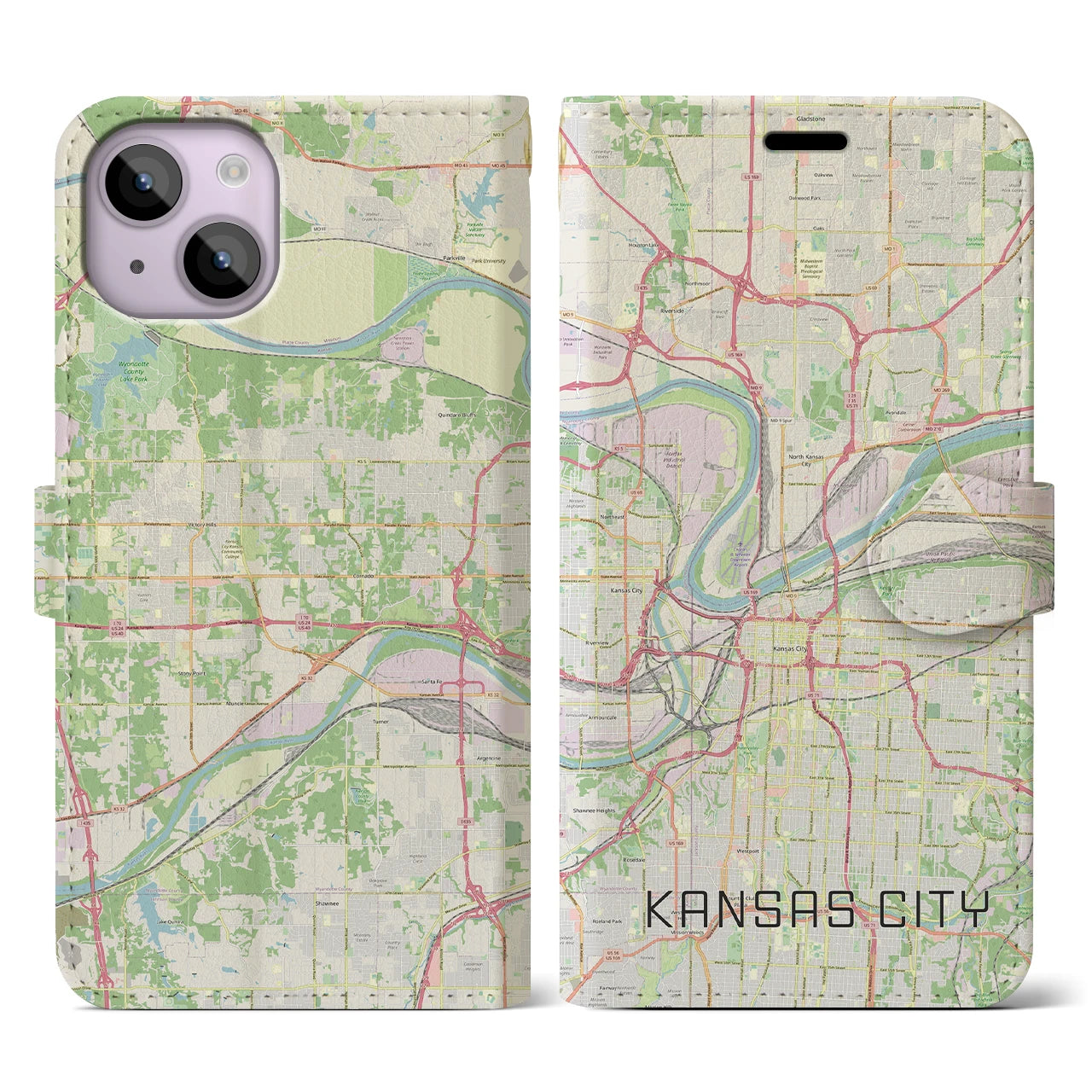 【カンザスシティ(アメリカ)】地図柄iPhoneケース(手帳タイプ)ナチュラル・iPhone 14 用
