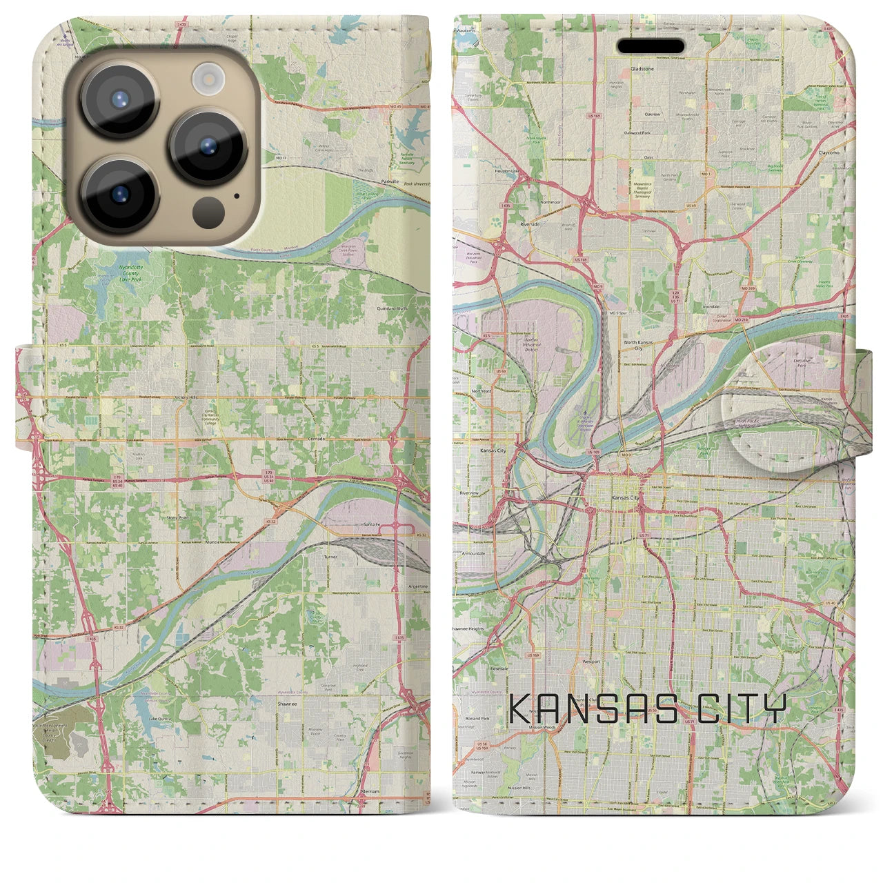 【カンザスシティ(アメリカ)】地図柄iPhoneケース(手帳タイプ)ナチュラル・iPhone 14 Pro Max 用