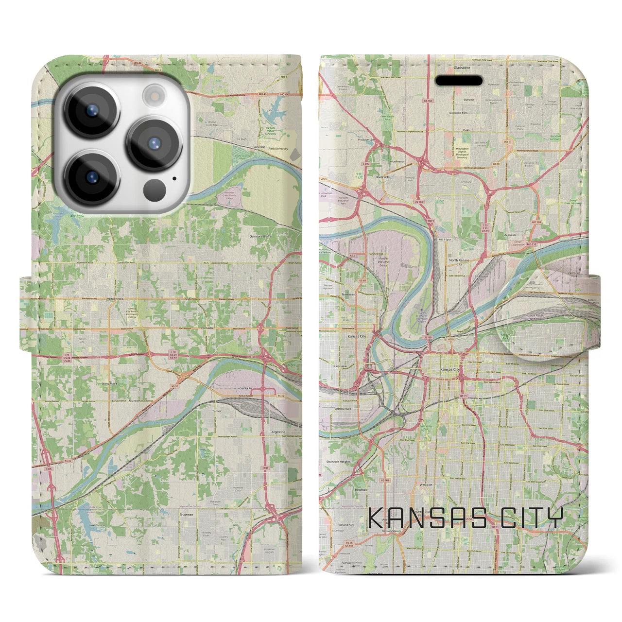 【カンザスシティ(アメリカ)】地図柄iPhoneケース(手帳タイプ)ナチュラル・iPhone 14 Pro 用
