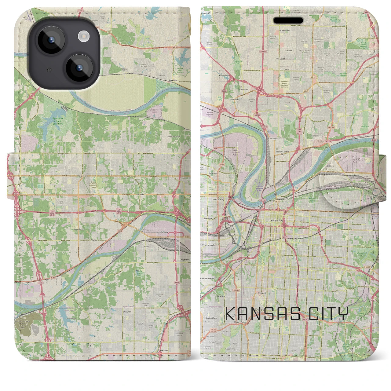 【カンザスシティ(アメリカ)】地図柄iPhoneケース(手帳タイプ)ナチュラル・iPhone 14 Plus 用