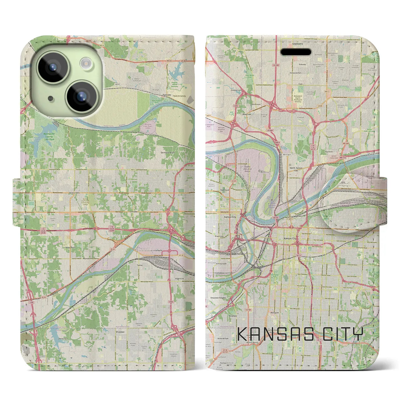 【カンザスシティ(アメリカ)】地図柄iPhoneケース(手帳タイプ)ナチュラル・iPhone 15 用