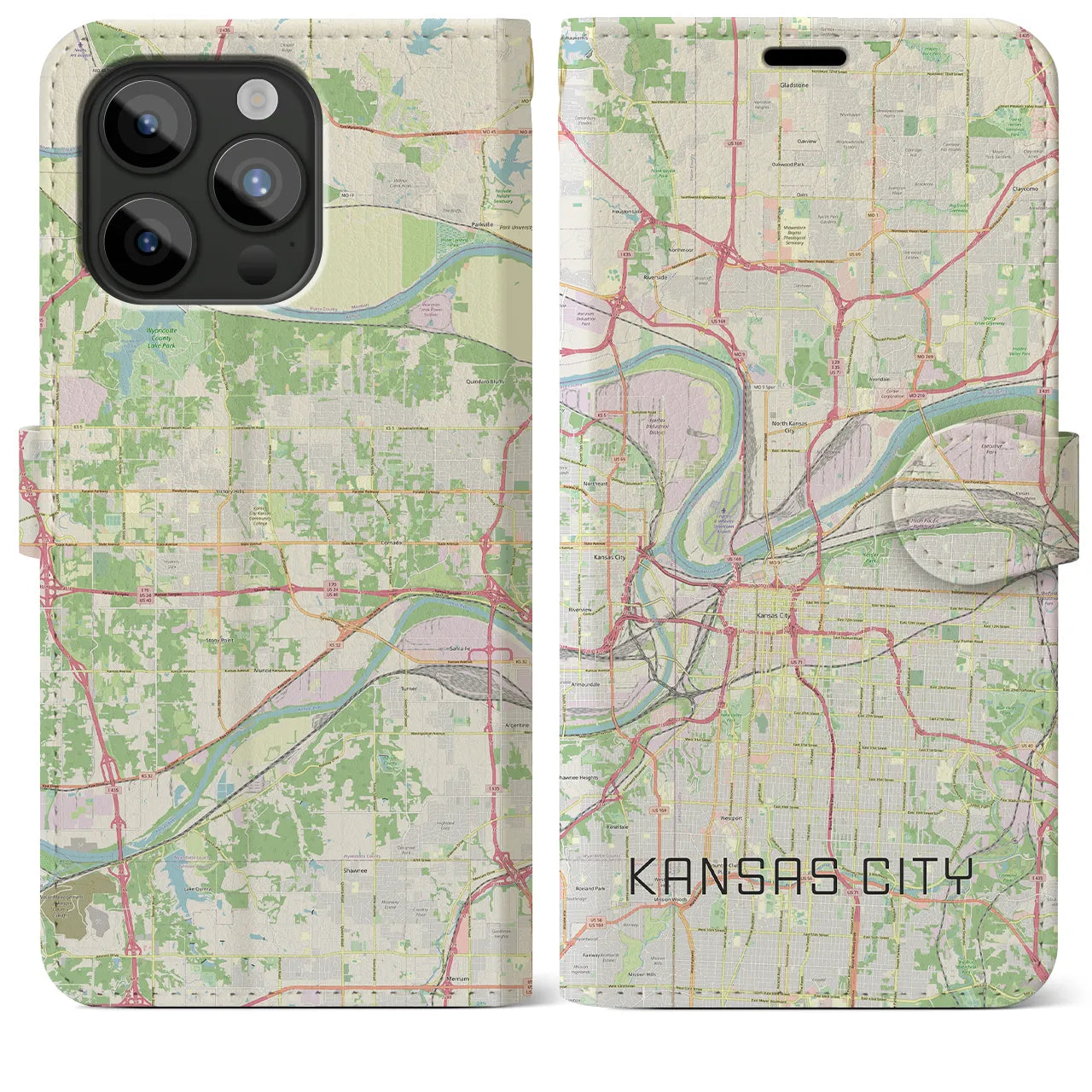 【カンザスシティ(アメリカ)】地図柄iPhoneケース(手帳タイプ)ナチュラル・iPhone 15 Pro Max 用