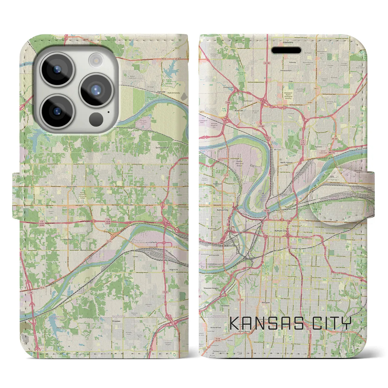 【カンザスシティ(アメリカ)】地図柄iPhoneケース(手帳タイプ)ナチュラル・iPhone 15 Pro 用