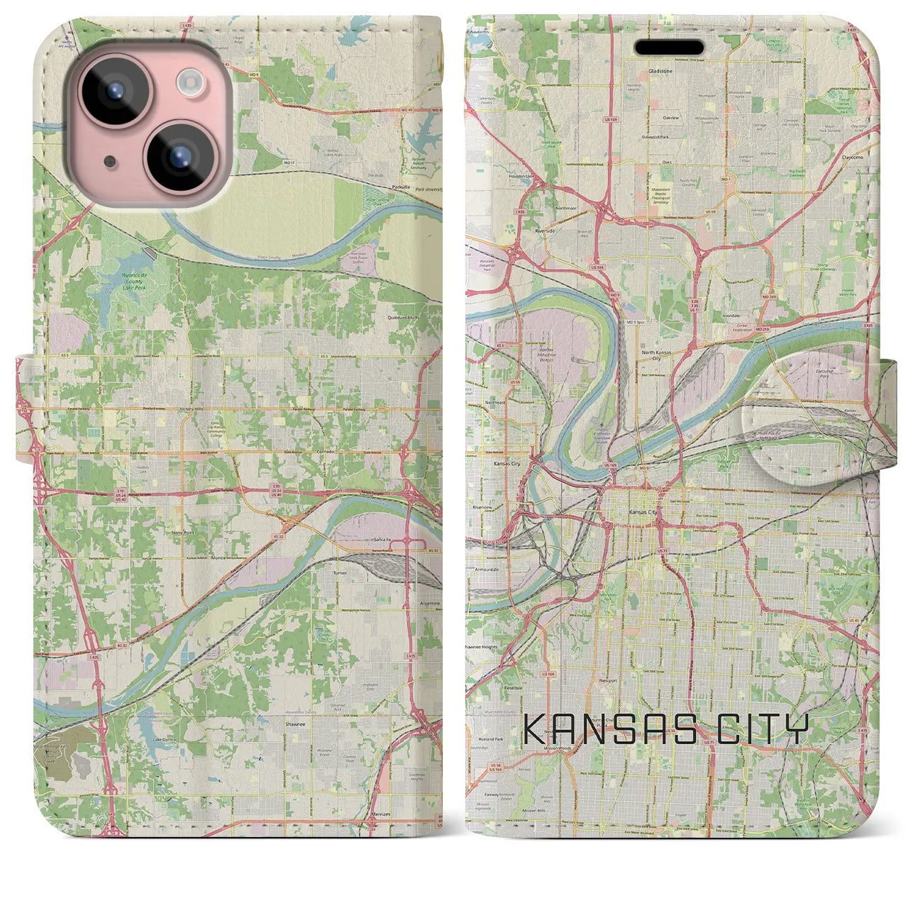 【カンザスシティ(アメリカ)】地図柄iPhoneケース(手帳タイプ)ナチュラル・iPhone 15 Plus 用