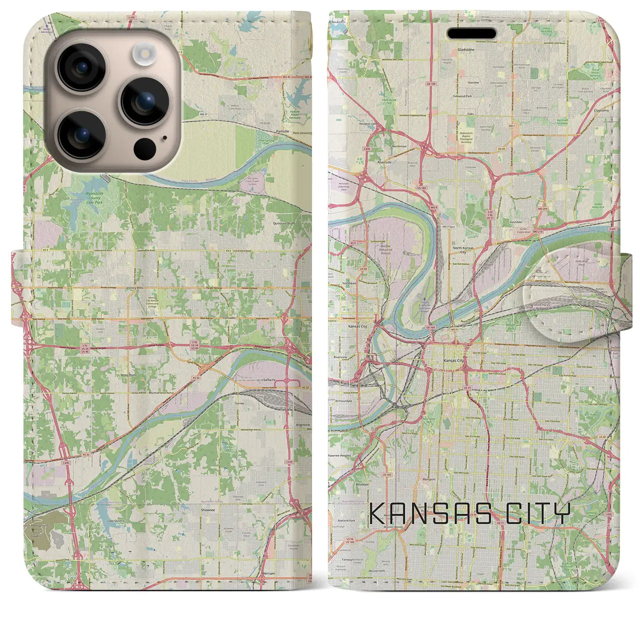【カンザスシティ(アメリカ)】地図柄iPhoneケース(手帳タイプ)ナチュラル・iPhone 16 Plus 用