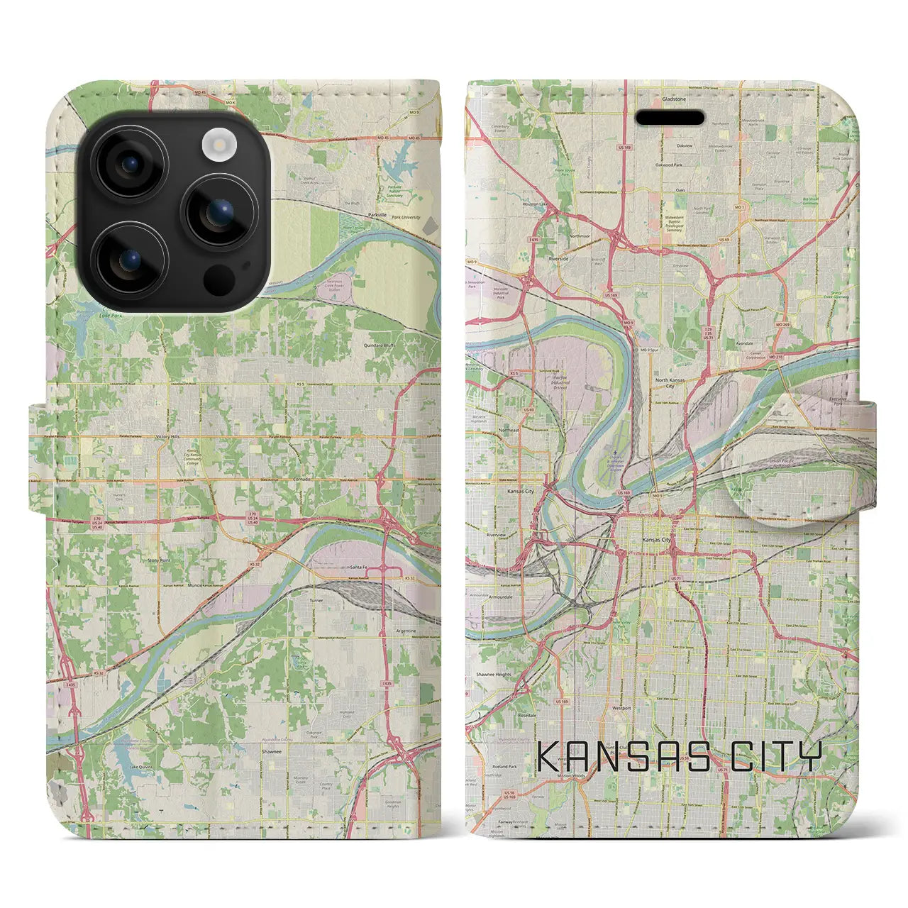 【カンザスシティ(アメリカ)】地図柄iPhoneケース(手帳タイプ)ナチュラル・iPhone 16 用