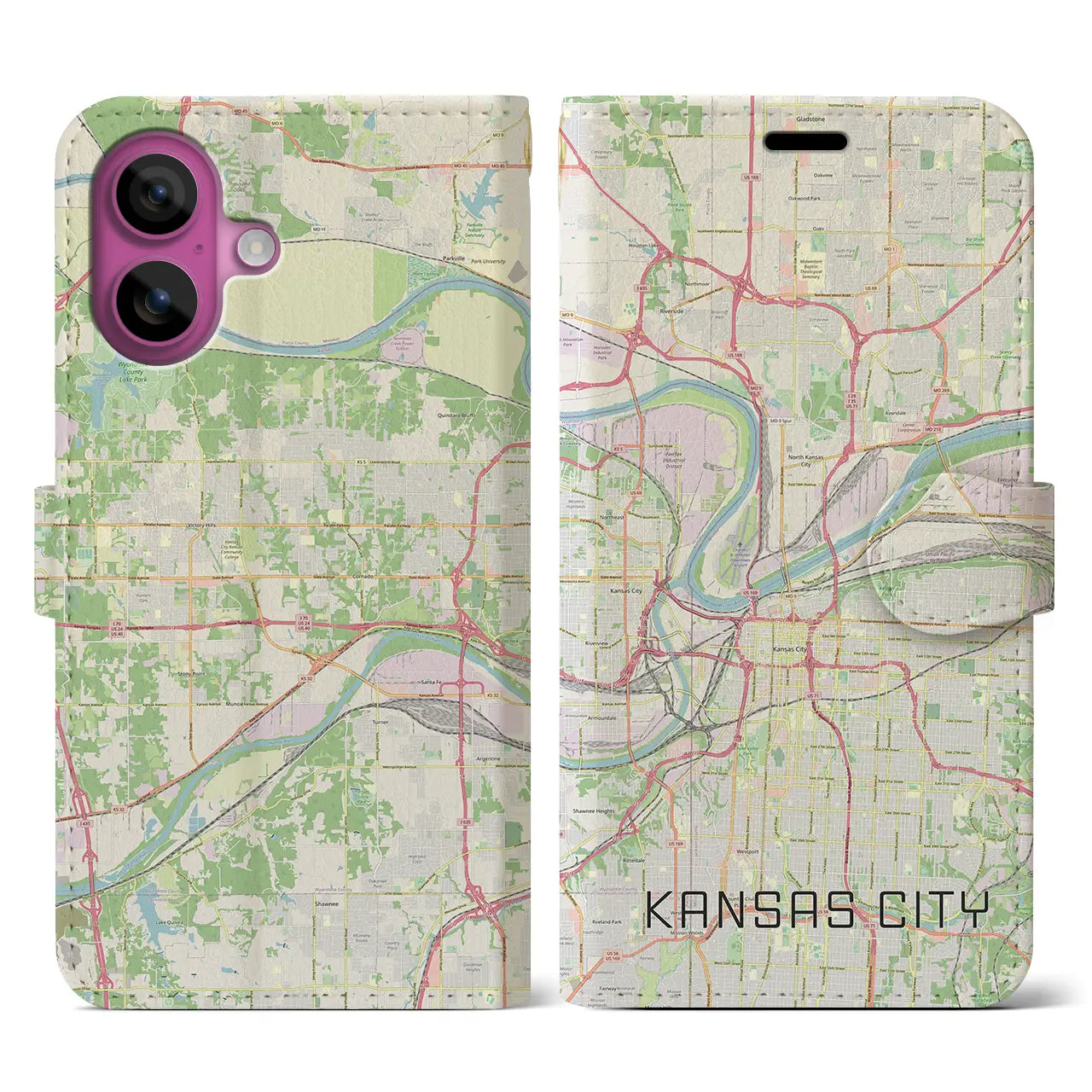 【カンザスシティ(アメリカ)】地図柄iPhoneケース(手帳タイプ)ナチュラル・iPhone 16 Pro 用