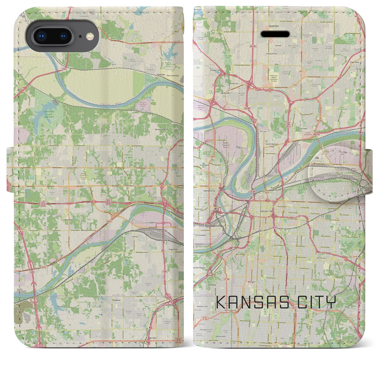 【カンザスシティ(アメリカ)】地図柄iPhoneケース(手帳タイプ)ナチュラル・iPhone 8Plus /7Plus / 6sPlus / 6Plus 用