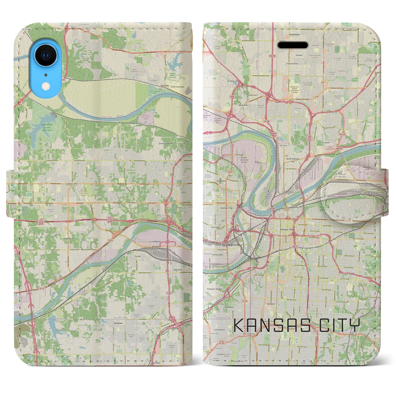 【カンザスシティ(アメリカ)】地図柄iPhoneケース(手帳タイプ)ナチュラル・iPhone XR 用