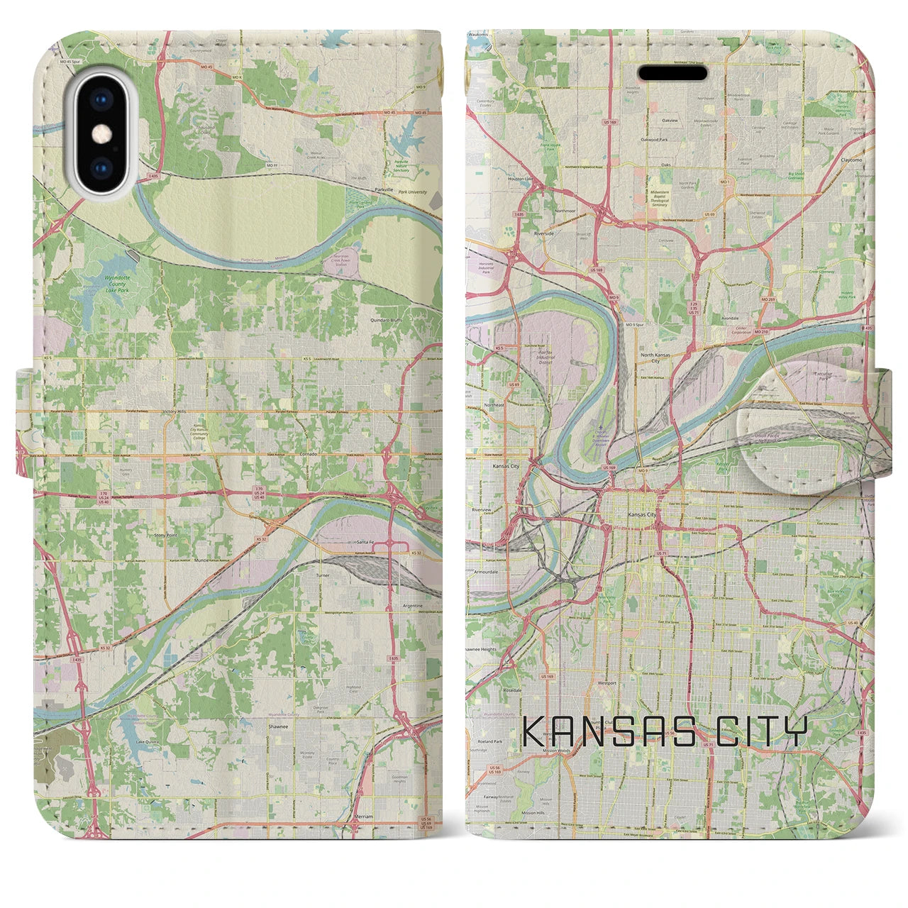 【カンザスシティ(アメリカ)】地図柄iPhoneケース(手帳タイプ)ナチュラル・iPhone XS Max 用