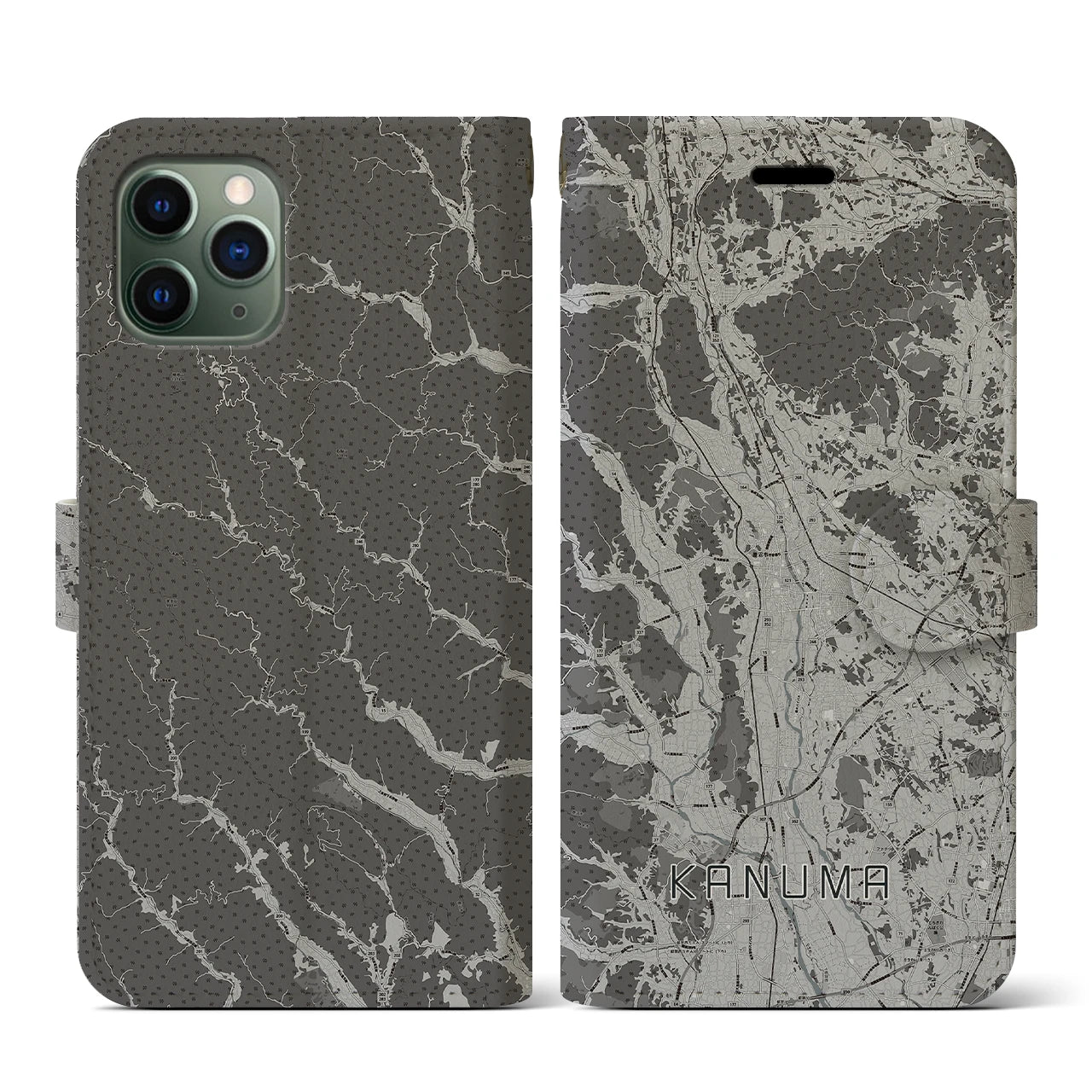 【鹿沼(栃木県)】地図柄iPhoneケース(手帳タイプ)モノトーン・iPhone 11 Pro 用