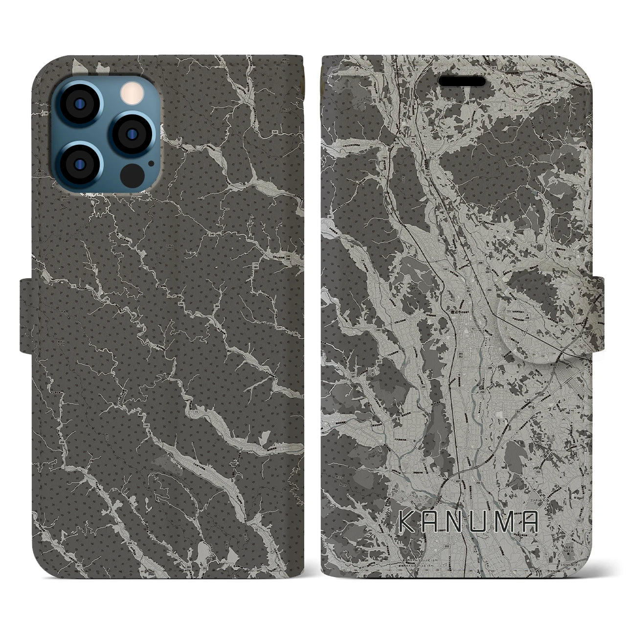 【鹿沼(栃木県)】地図柄iPhoneケース(手帳タイプ)モノトーン・iPhone 12 / 12 Pro 用