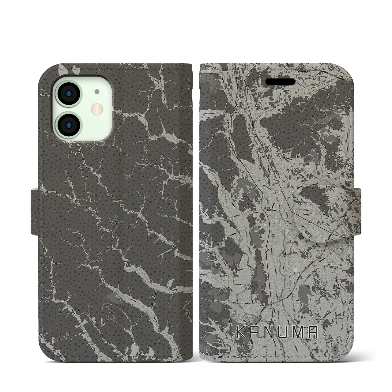 【鹿沼(栃木県)】地図柄iPhoneケース(手帳タイプ)モノトーン・iPhone 12 mini 用