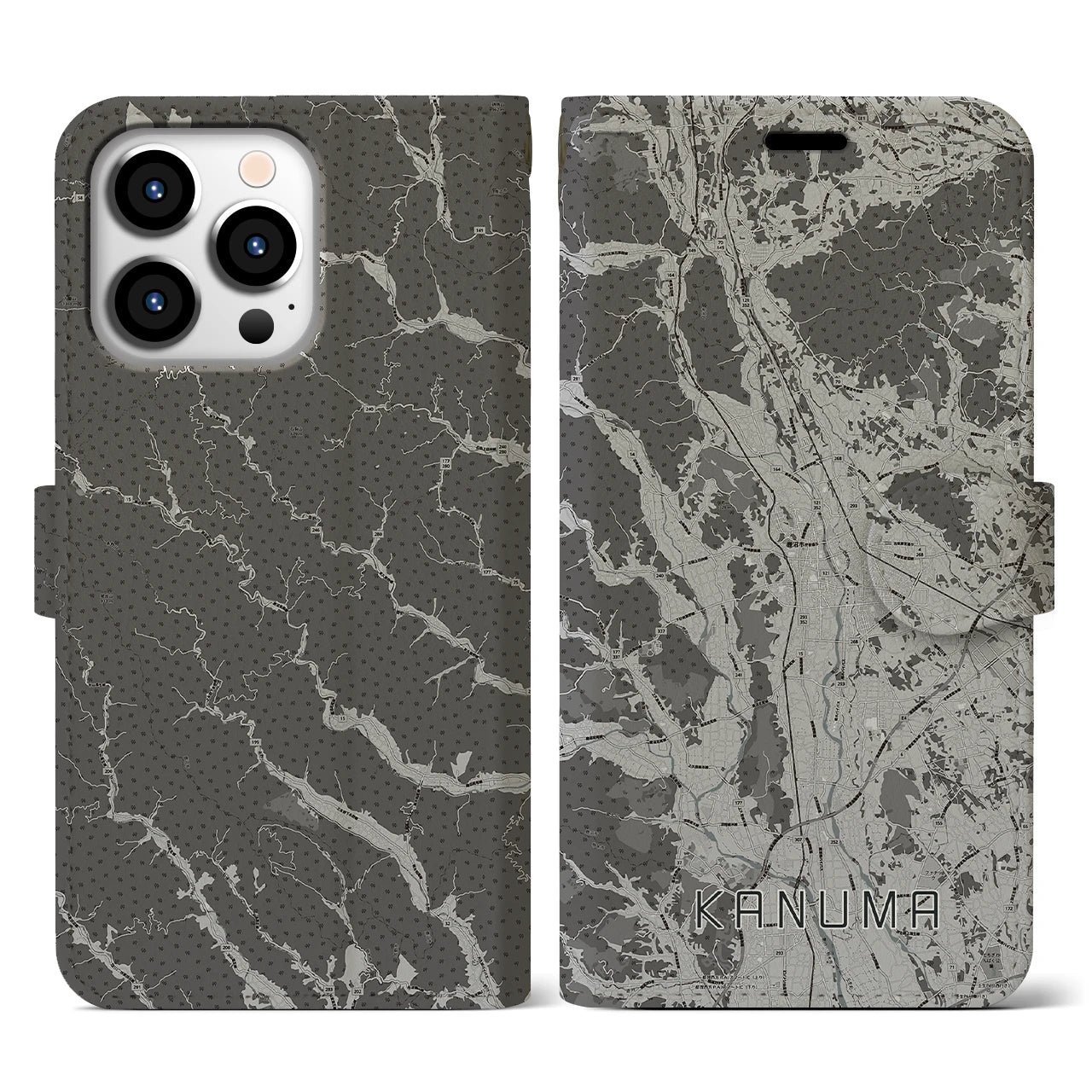 【鹿沼(栃木県)】地図柄iPhoneケース(手帳タイプ)モノトーン・iPhone 13 Pro 用