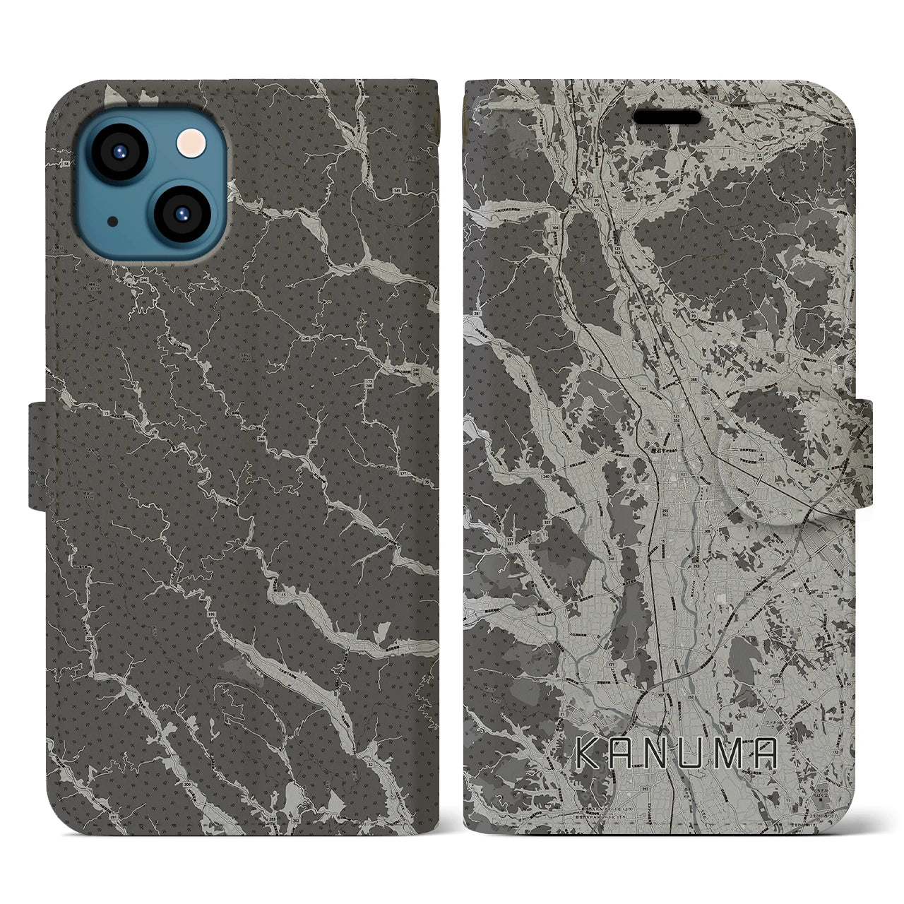 【鹿沼(栃木県)】地図柄iPhoneケース(手帳タイプ)モノトーン・iPhone 13 用