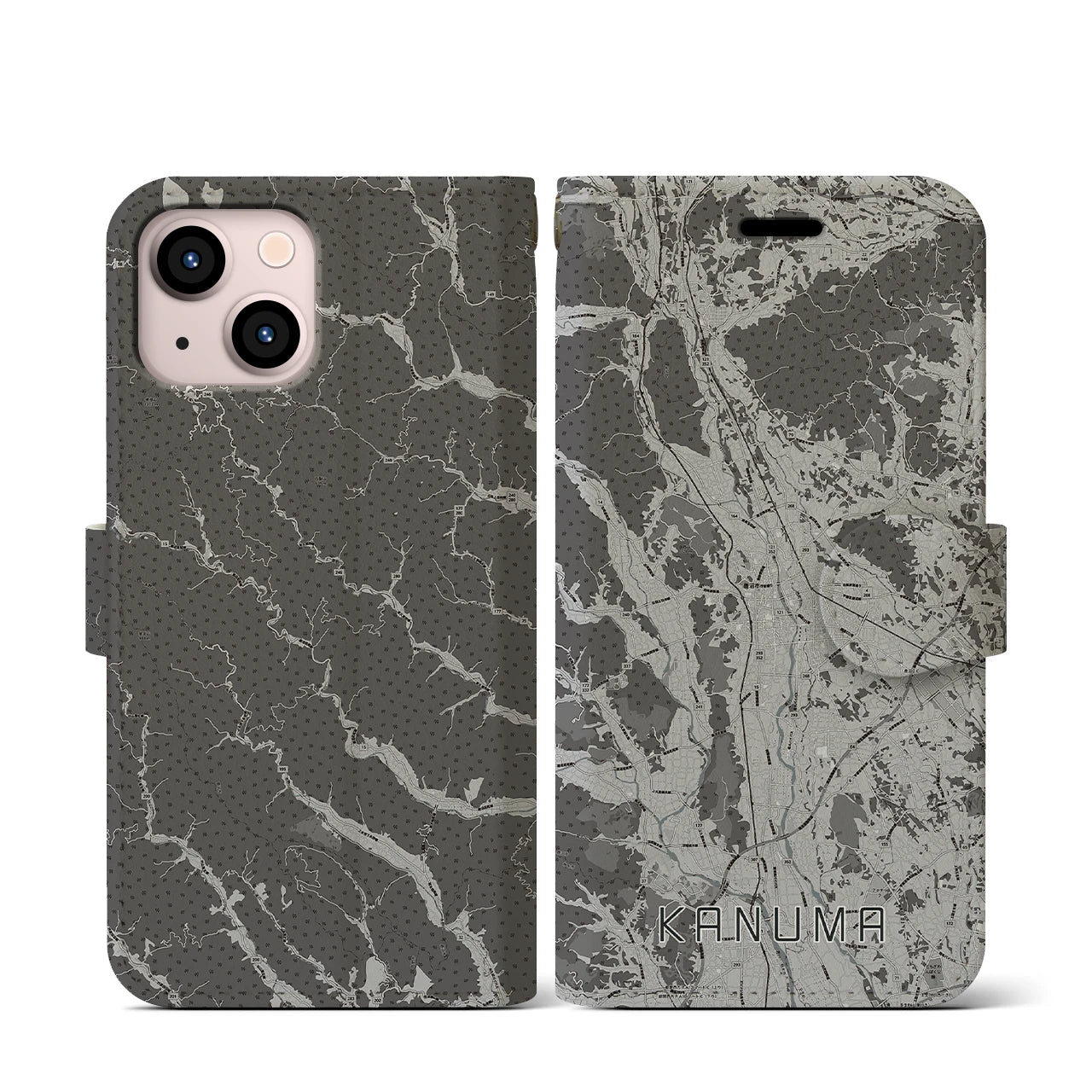 【鹿沼(栃木県)】地図柄iPhoneケース(手帳タイプ)モノトーン・iPhone 13 mini 用