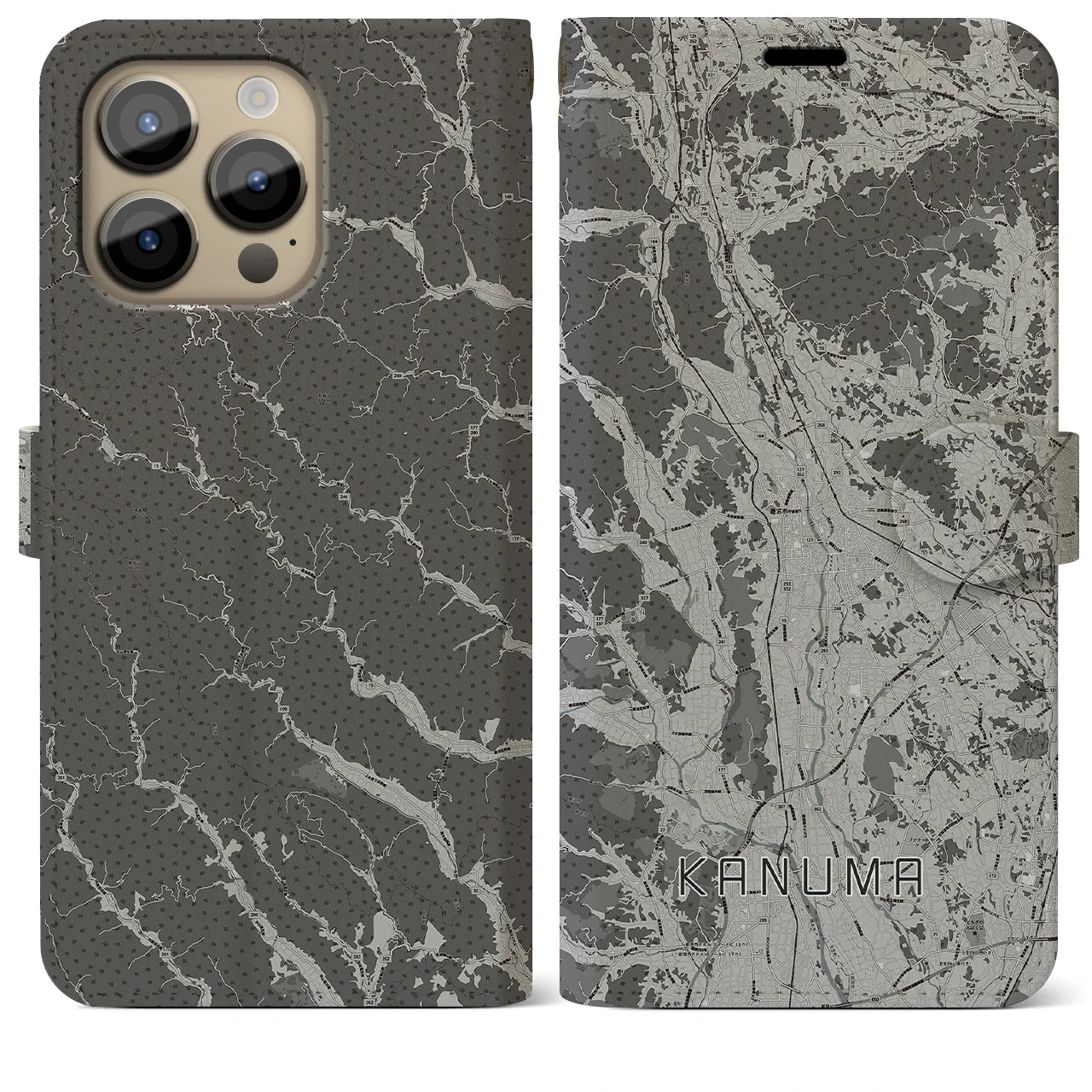 【鹿沼(栃木県)】地図柄iPhoneケース(手帳タイプ)モノトーン・iPhone 14 Pro Max 用
