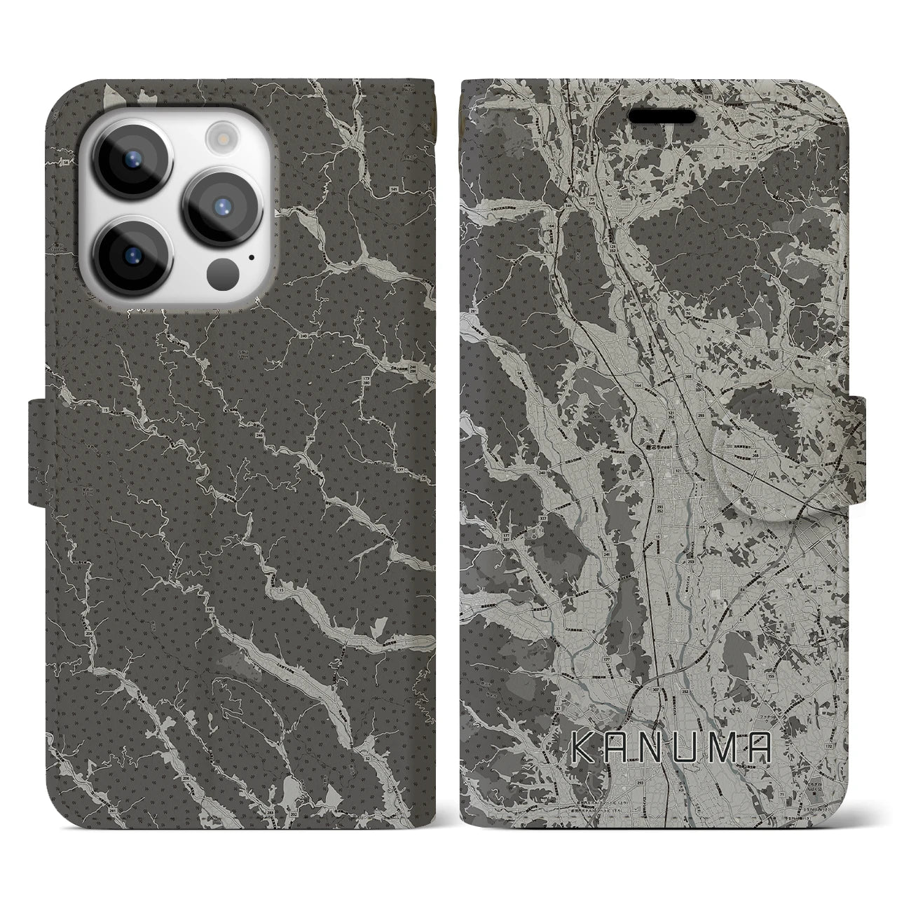 【鹿沼(栃木県)】地図柄iPhoneケース(手帳タイプ)モノトーン・iPhone 14 Pro 用