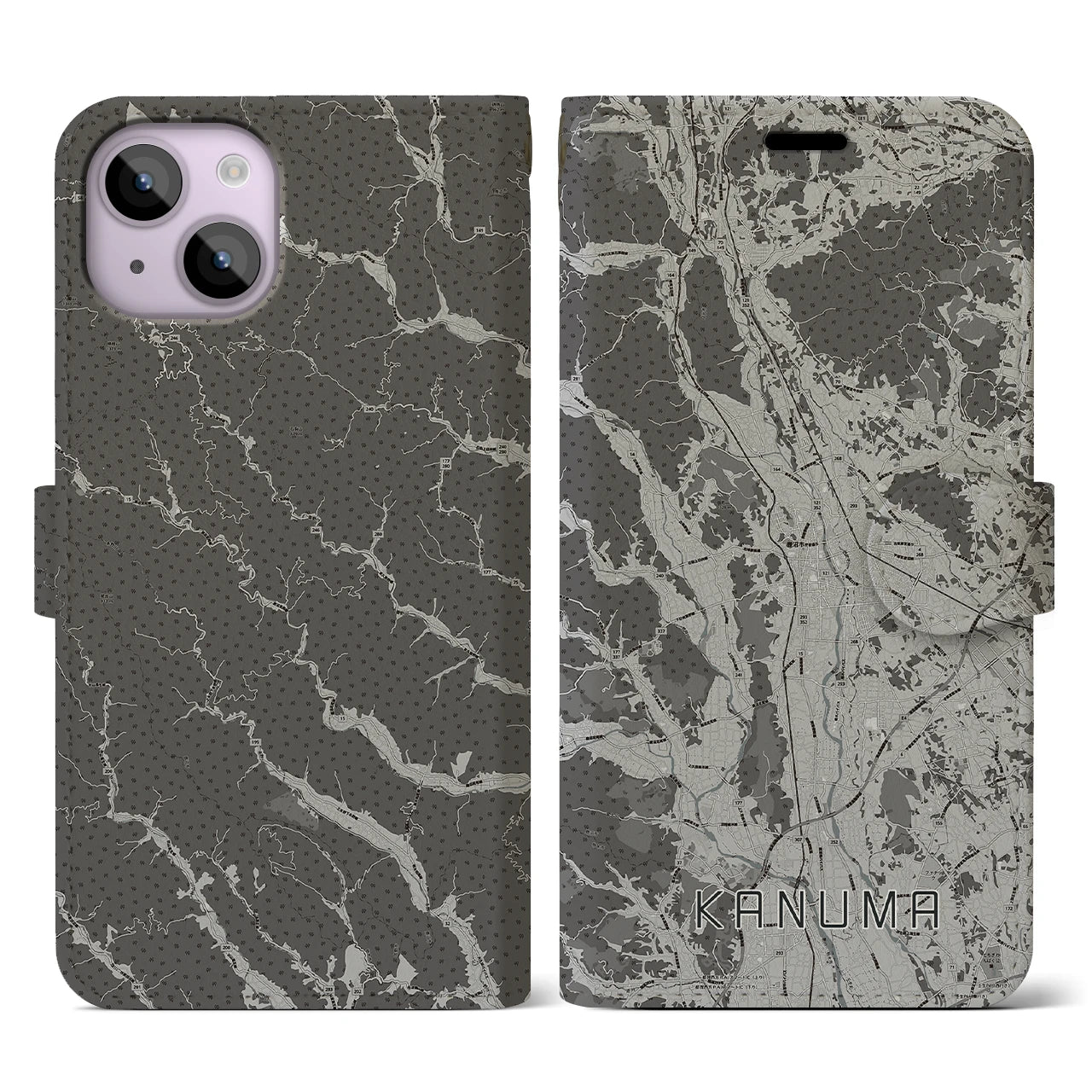 【鹿沼(栃木県)】地図柄iPhoneケース(手帳タイプ)モノトーン・iPhone 14 用