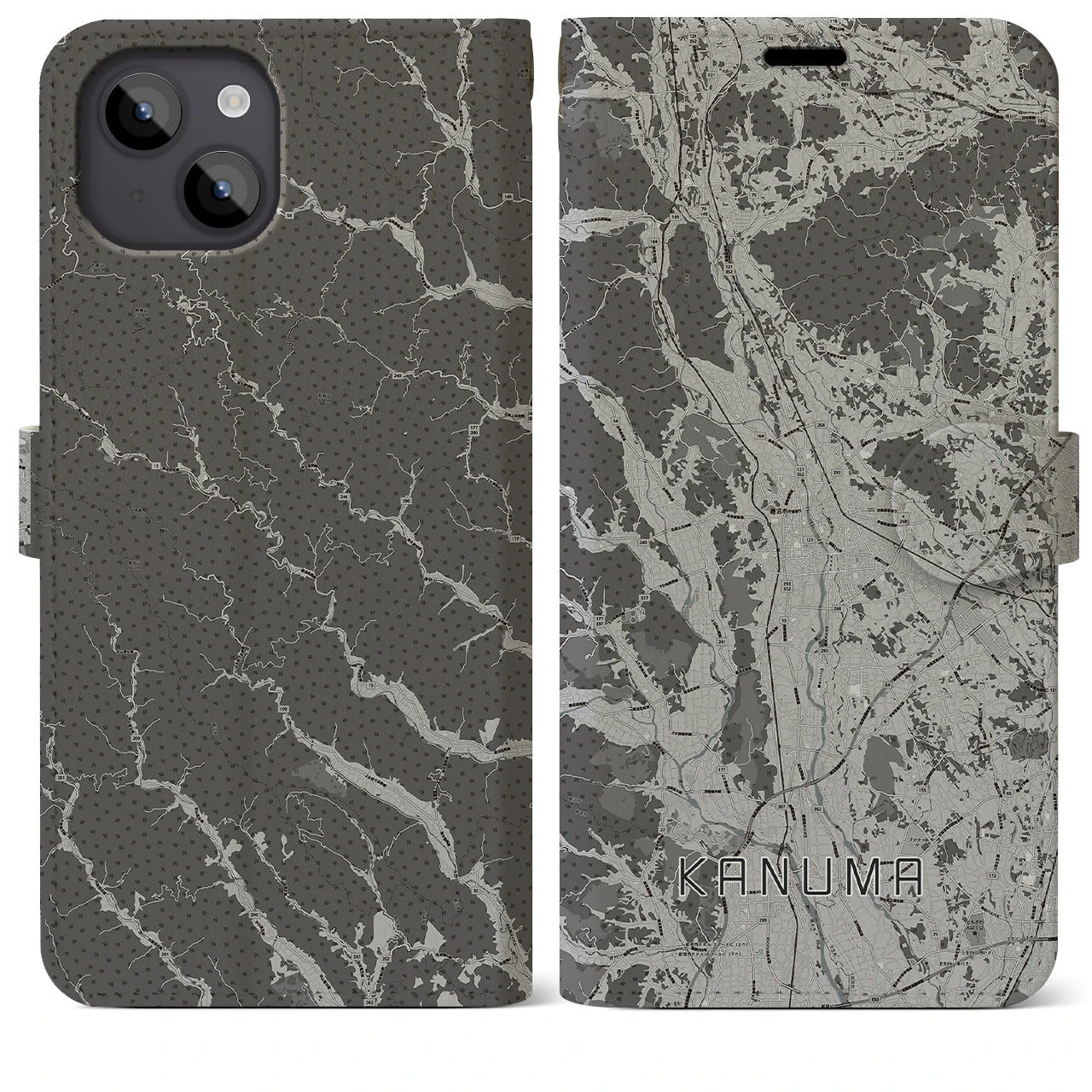 【鹿沼(栃木県)】地図柄iPhoneケース(手帳タイプ)モノトーン・iPhone 14 Plus 用