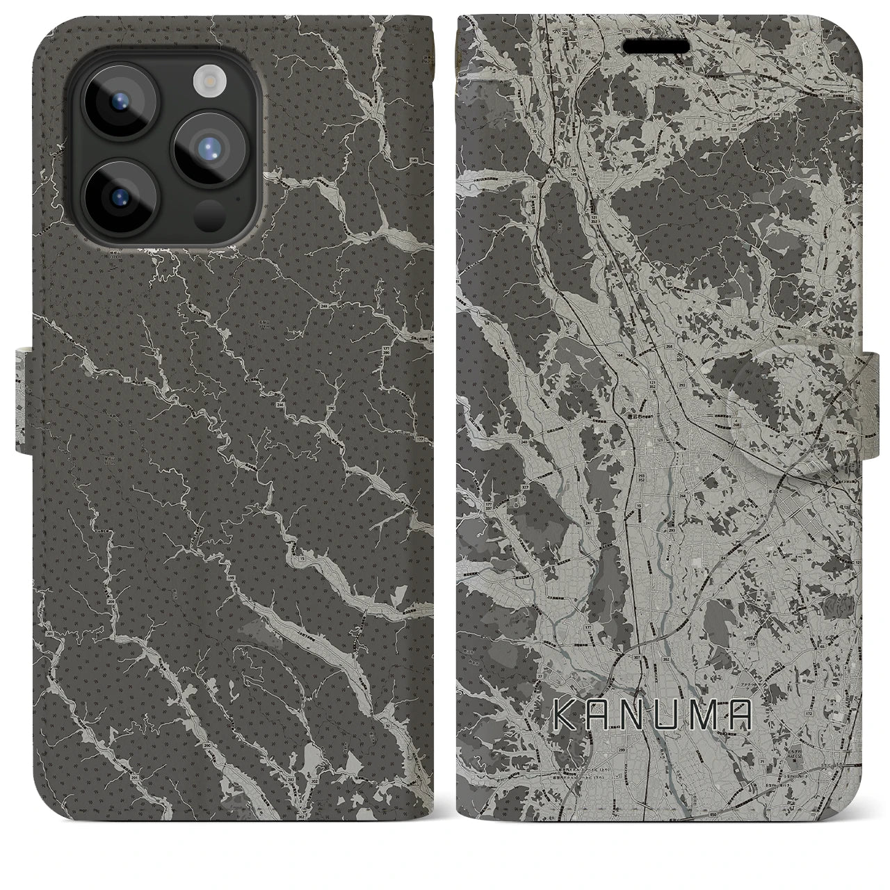 【鹿沼(栃木県)】地図柄iPhoneケース(手帳タイプ)モノトーン・iPhone 15 Pro Max 用