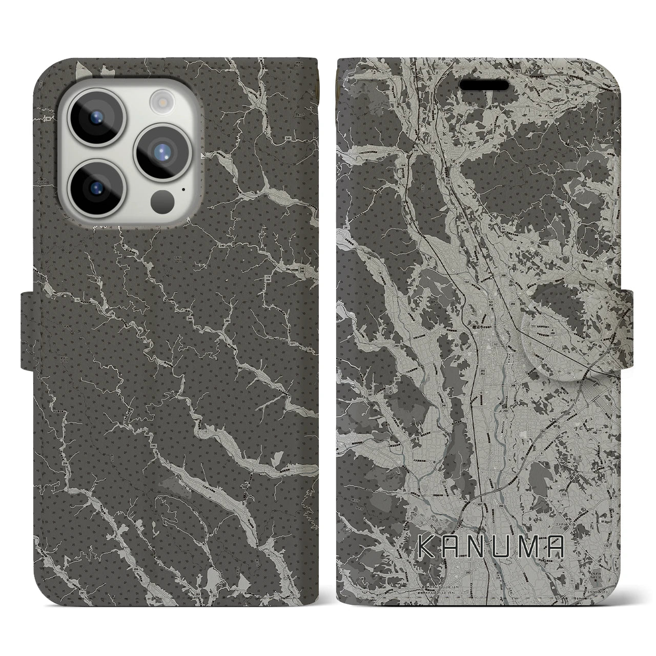 【鹿沼(栃木県)】地図柄iPhoneケース(手帳タイプ)モノトーン・iPhone 15 Pro 用