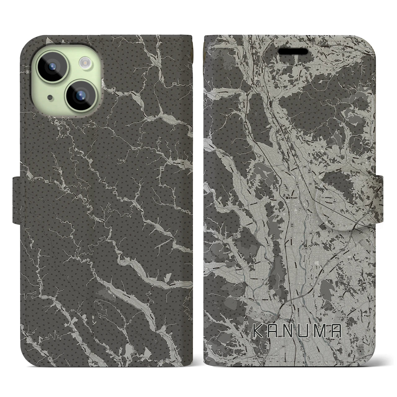 【鹿沼(栃木県)】地図柄iPhoneケース(手帳タイプ)モノトーン・iPhone 15 用