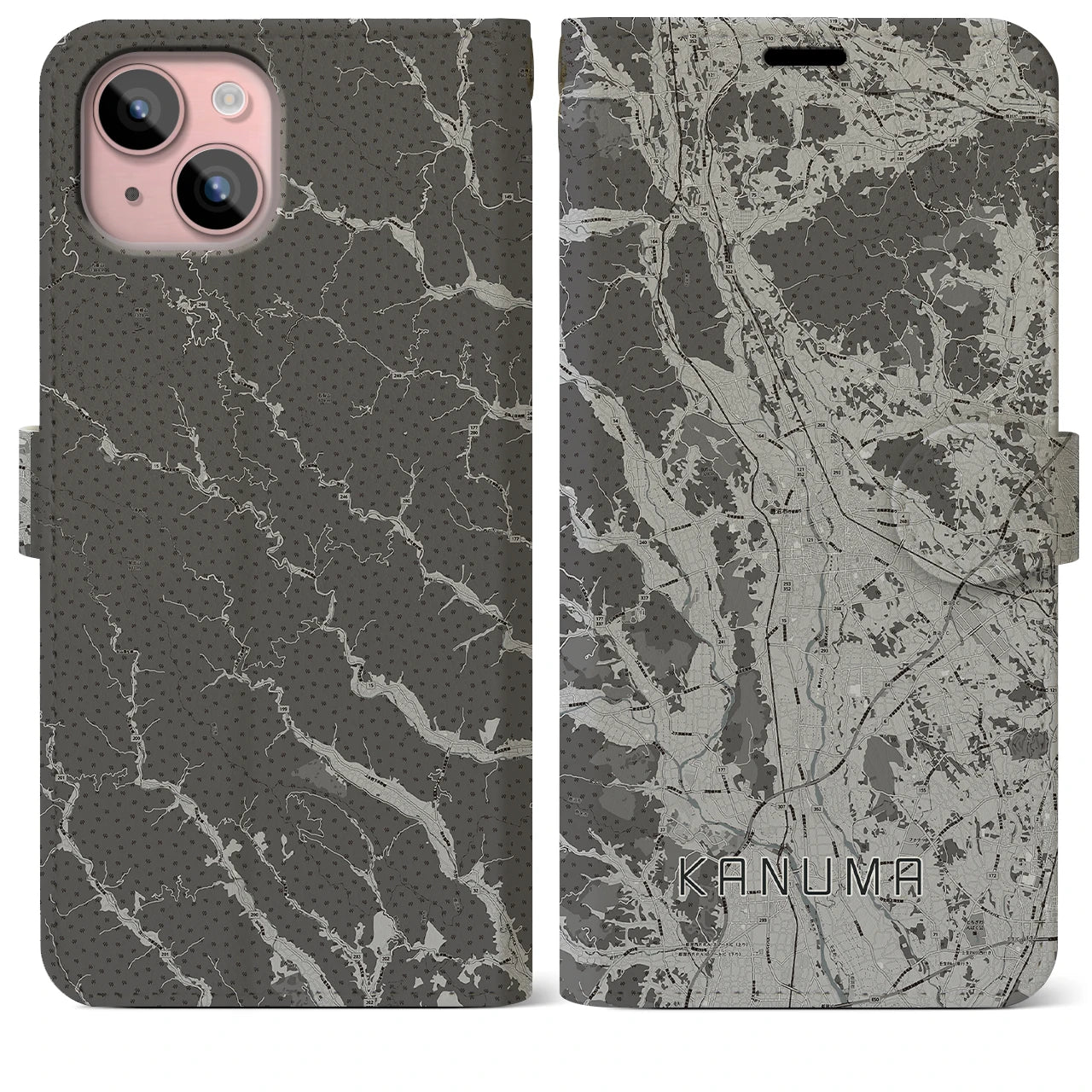 【鹿沼(栃木県)】地図柄iPhoneケース(手帳タイプ)モノトーン・iPhone 15 Plus 用