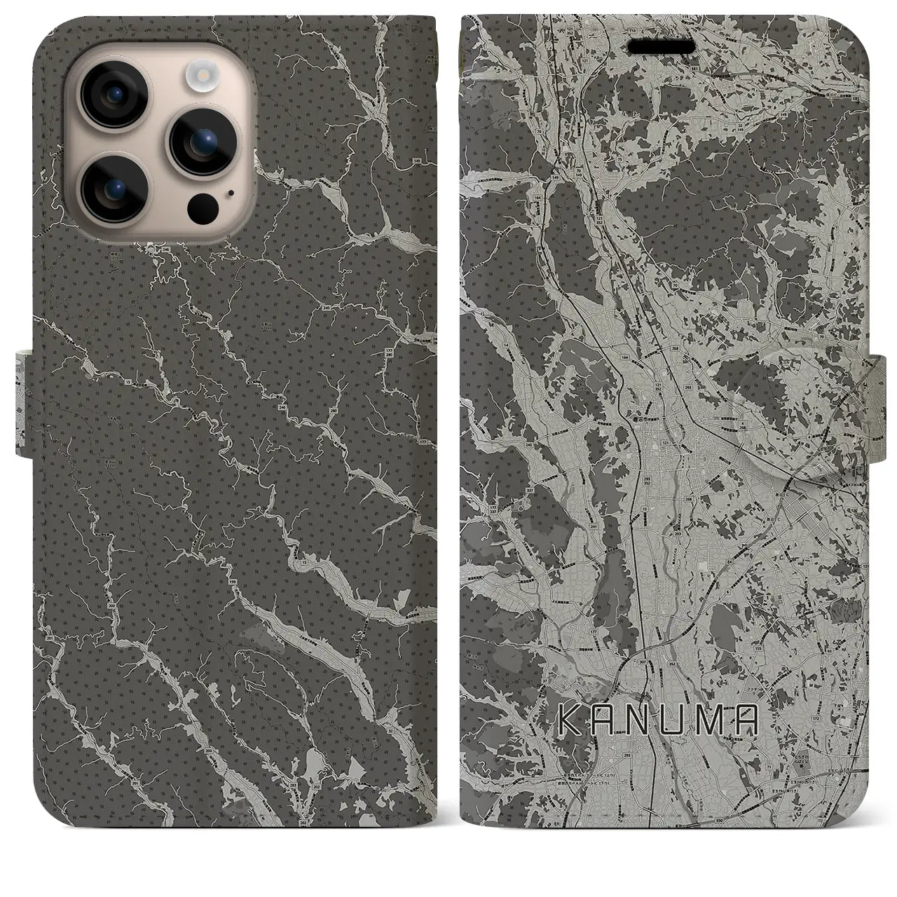 【鹿沼(栃木県)】地図柄iPhoneケース(手帳タイプ)モノトーン・iPhone 16 Plus 用