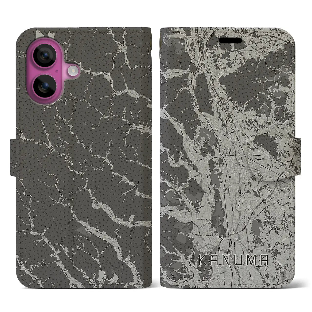 【鹿沼(栃木県)】地図柄iPhoneケース(手帳タイプ)モノトーン・iPhone 16 Pro 用