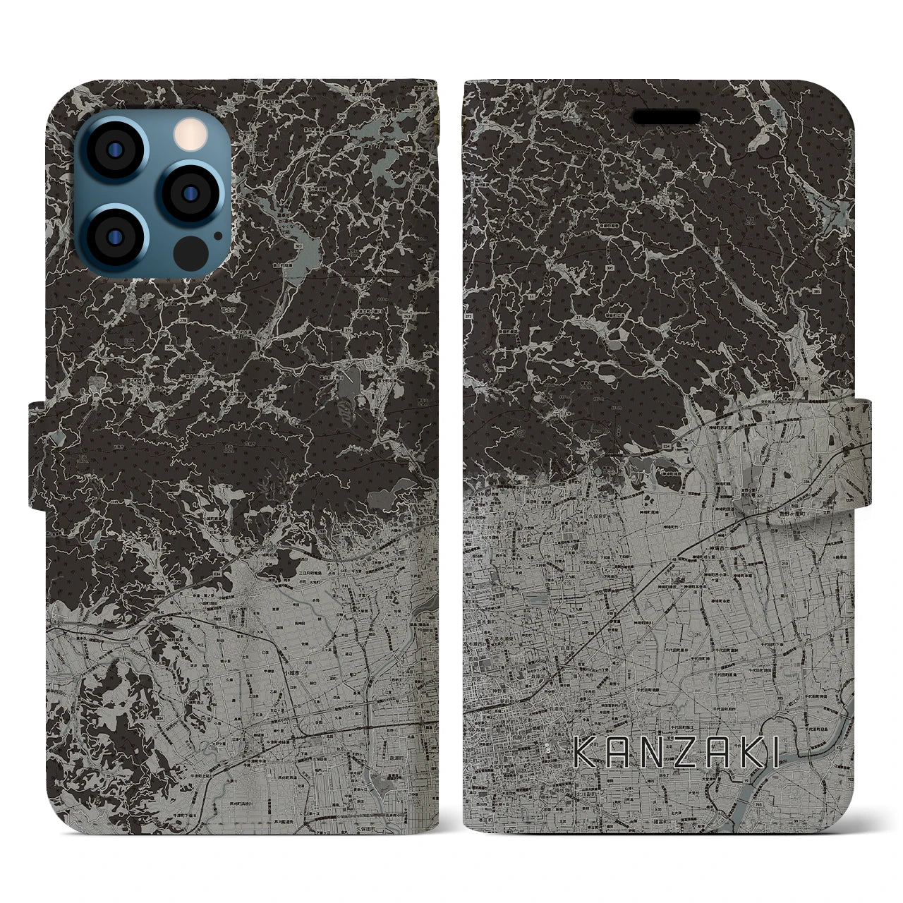 【神埼(佐賀県)】地図柄iPhoneケース(手帳タイプ)モノトーン・iPhone 12 / 12 Pro 用