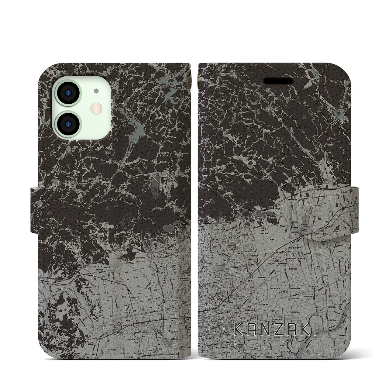 【神埼(佐賀県)】地図柄iPhoneケース(手帳タイプ)モノトーン・iPhone 12 mini 用
