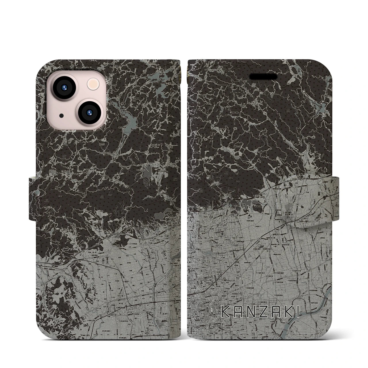 【神埼(佐賀県)】地図柄iPhoneケース(手帳タイプ)モノトーン・iPhone 13 mini 用